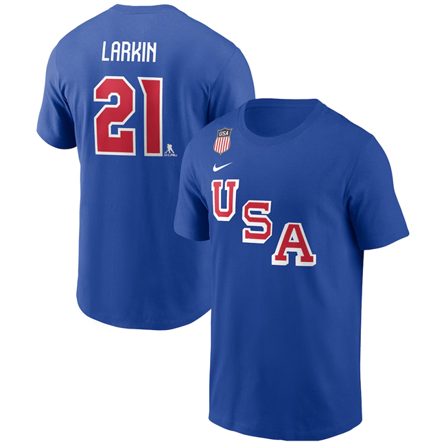 Men's US Hockey #21 Dylan Larkin Royal 2026 Name & Number T-Shirt